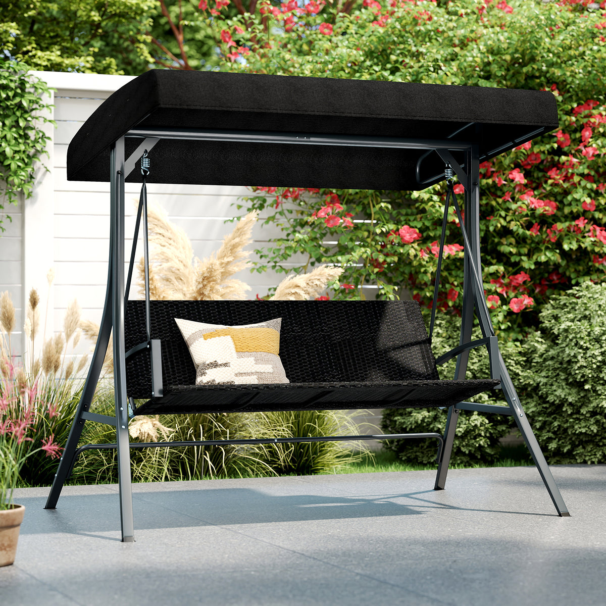 3-Person Porch Swing with Stand, Outdoor Canopy Swing w/ Rattan Seat Back
