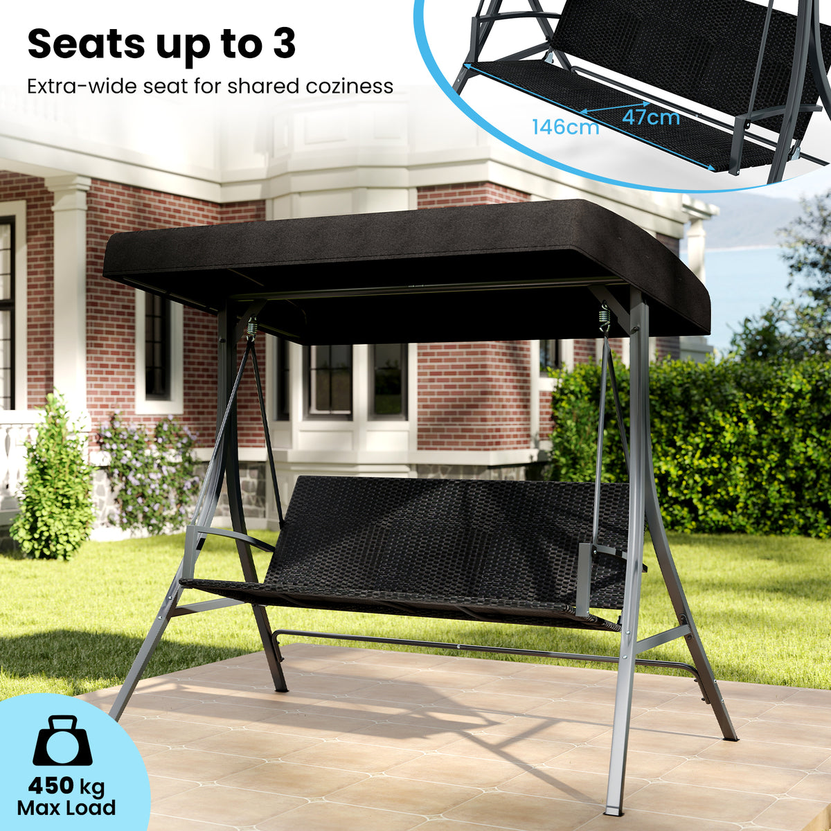 3-Person Porch Swing with Stand, Outdoor Canopy Swing w/ Rattan Seat Back