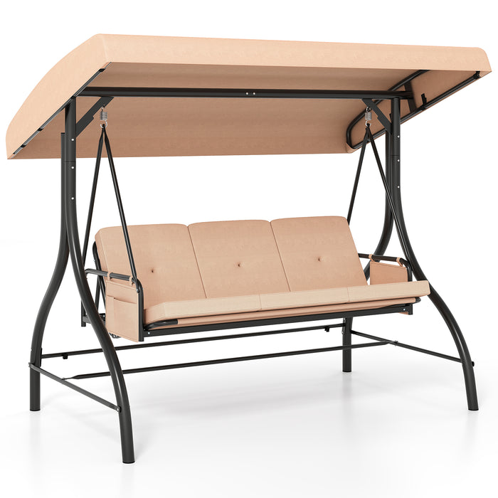 3-Seat Patio Swing with Canopy, 2-in-1 Convertible Glider Bed