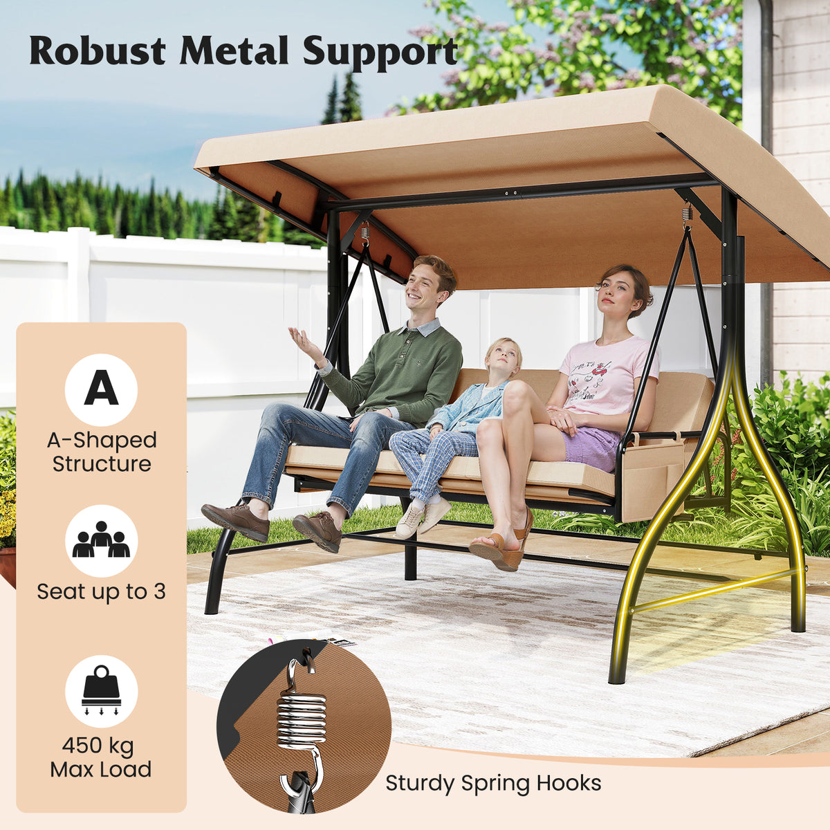 3-Seat Patio Swing with Canopy, 2-in-1 Convertible Glider Bed