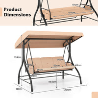 3-Seat Patio Swing with Canopy, 2-in-1 Convertible Glider Bed