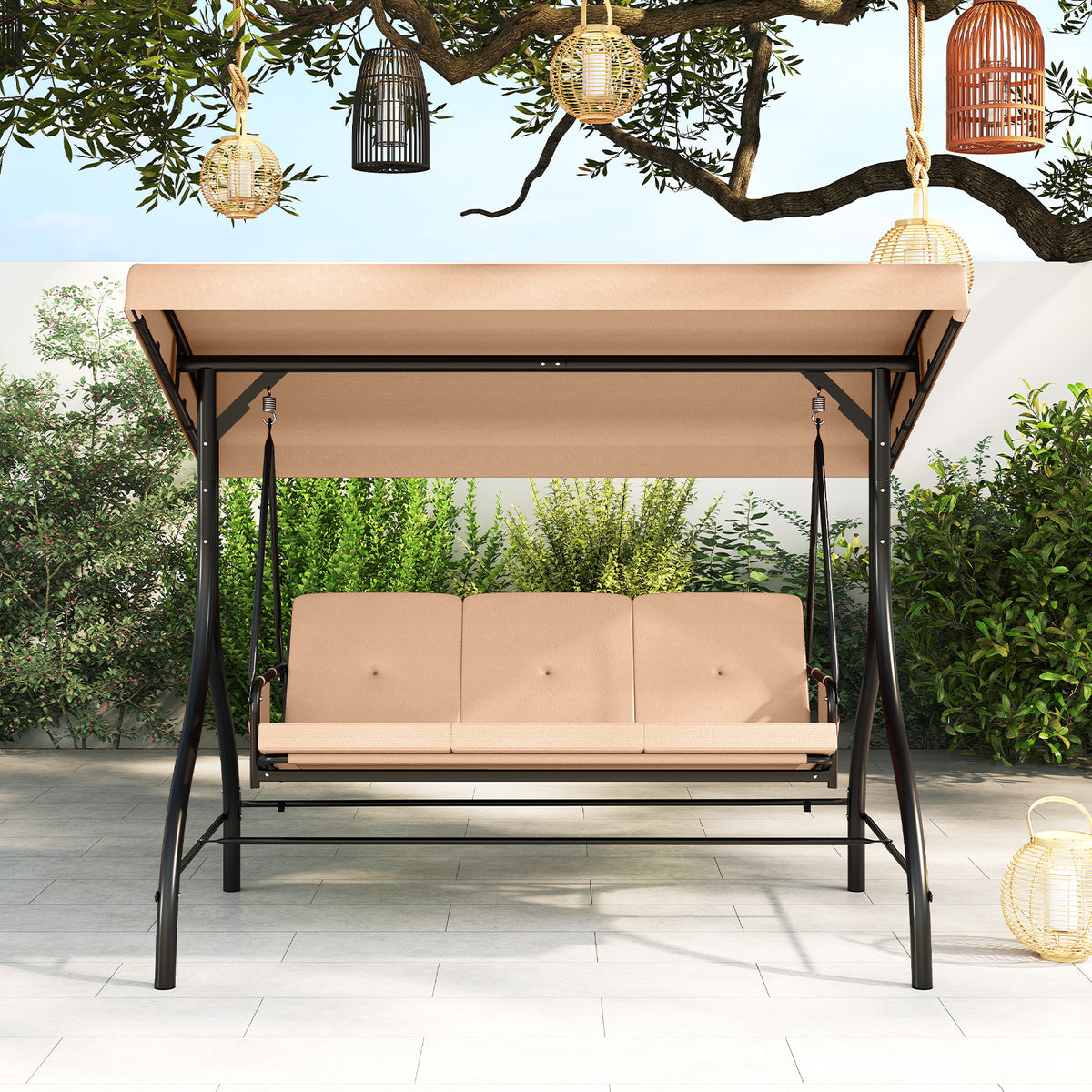 3-Seat Patio Swing with Canopy, 2-in-1 Convertible Glider Bed