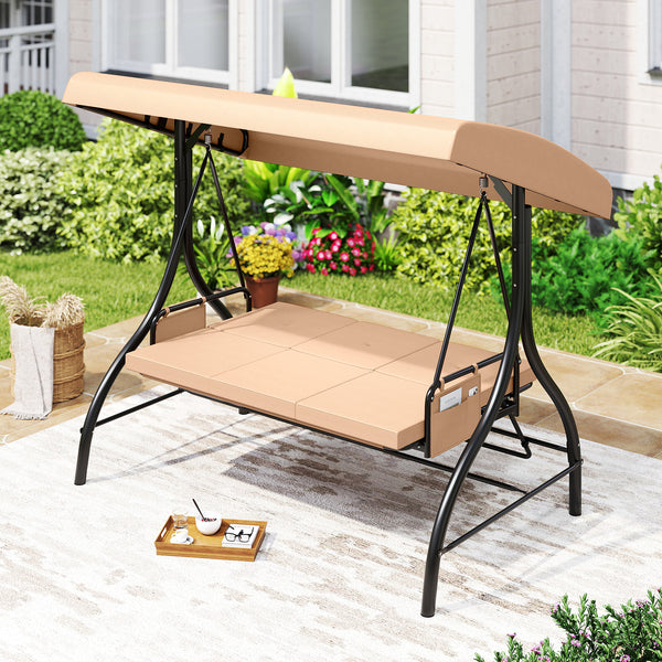 3-Seat Patio Swing with Canopy, 2-in-1 Convertible Glider Bed