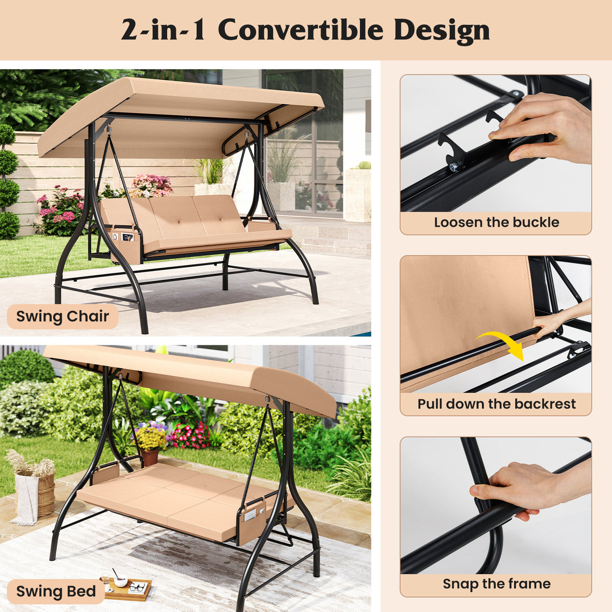 3-Seat Patio Swing with Canopy, 2-in-1 Convertible Glider Bed