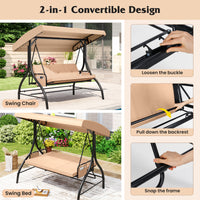 3-Seat Patio Swing with Canopy, 2-in-1 Convertible Glider Bed