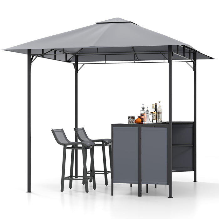 3-Piece Patio Bar Set, 2.5 x 2.5 m Double-Tier Grill Gazebo w/ 2 Bar Stools