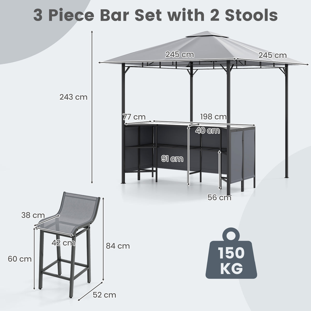 3-Piece Patio Bar Set, 2.5 x 2.5 m Double-Tier Grill Gazebo w/ 2 Bar Stools