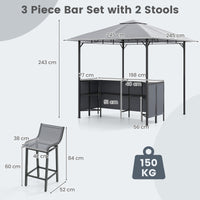 3-Piece Patio Bar Set, 2.5 x 2.5 m Double-Tier Grill Gazebo w/ 2 Bar Stools