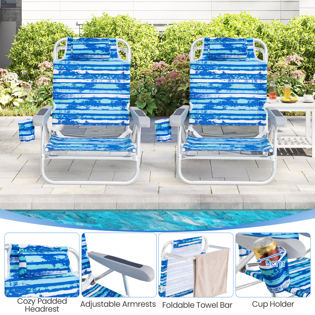 2 Pack Folding Beach Chair, Lightweight Lay Flat Lounge Chair