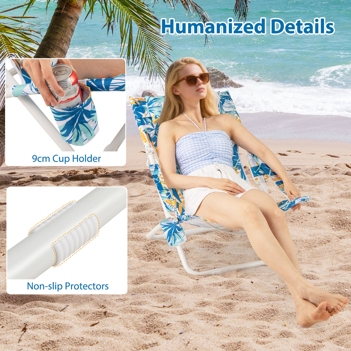 Folding Low Beach Chair, Set of 2, Patio Sling Chairs w/ Padded Head Pillow
