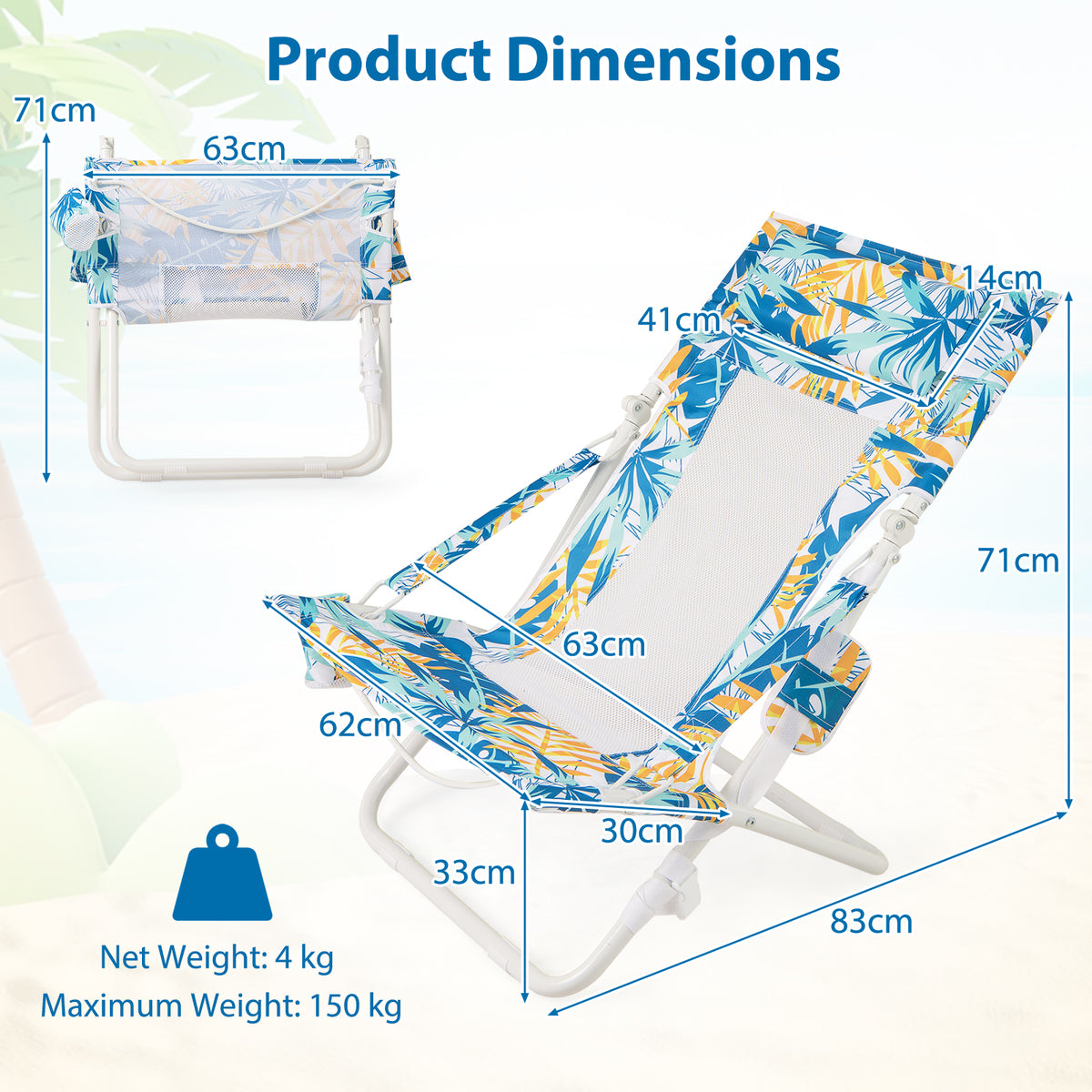 Folding Low Beach Chair, Set of 2, Patio Sling Chairs w/ Padded Head Pillow