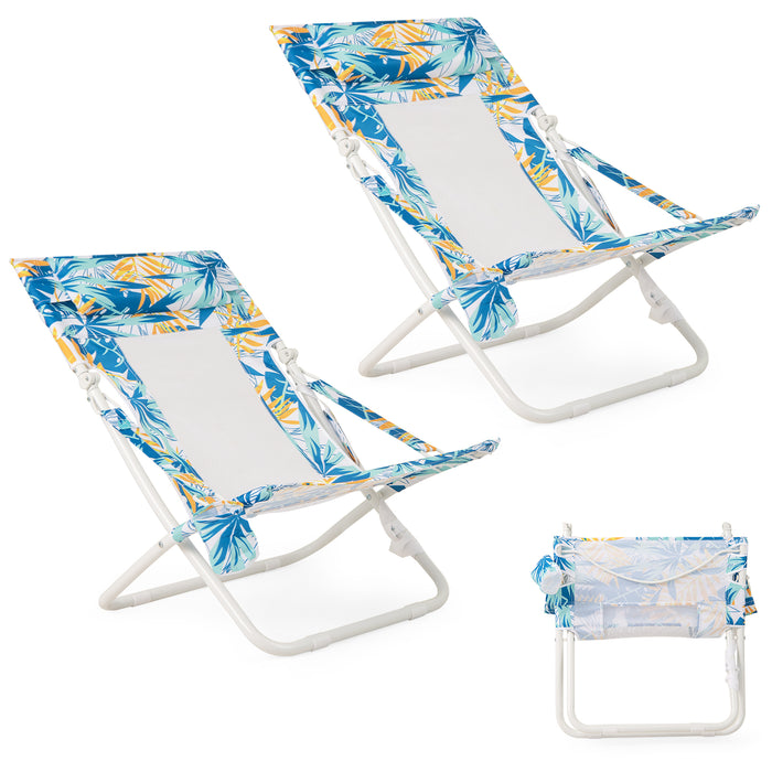 Folding Low Beach Chair, Set of 2, Patio Sling Chairs w/ Padded Head Pillow