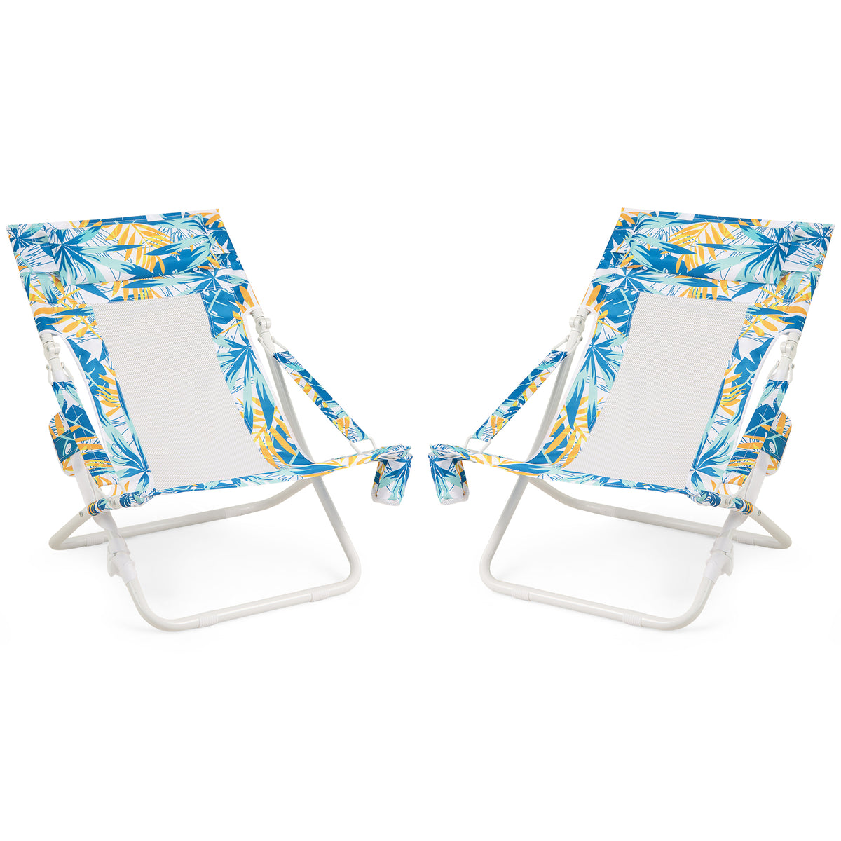 Folding Low Beach Chair, Set of 2, Patio Sling Chairs w/ Padded Head Pillow