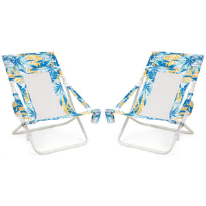 Folding Low Beach Chair, Set of 2, Patio Sling Chairs w/ Padded Head Pillow