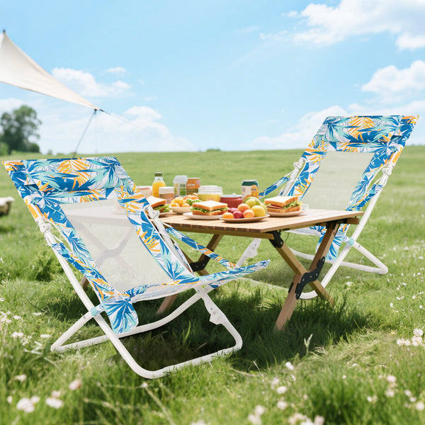 Folding Low Beach Chair, Set of 2, Patio Sling Chairs w/ Padded Head Pillow