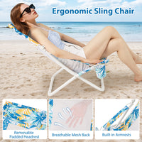 Folding Low Beach Chair, Set of 2, Patio Sling Chairs w/ Padded Head Pillow