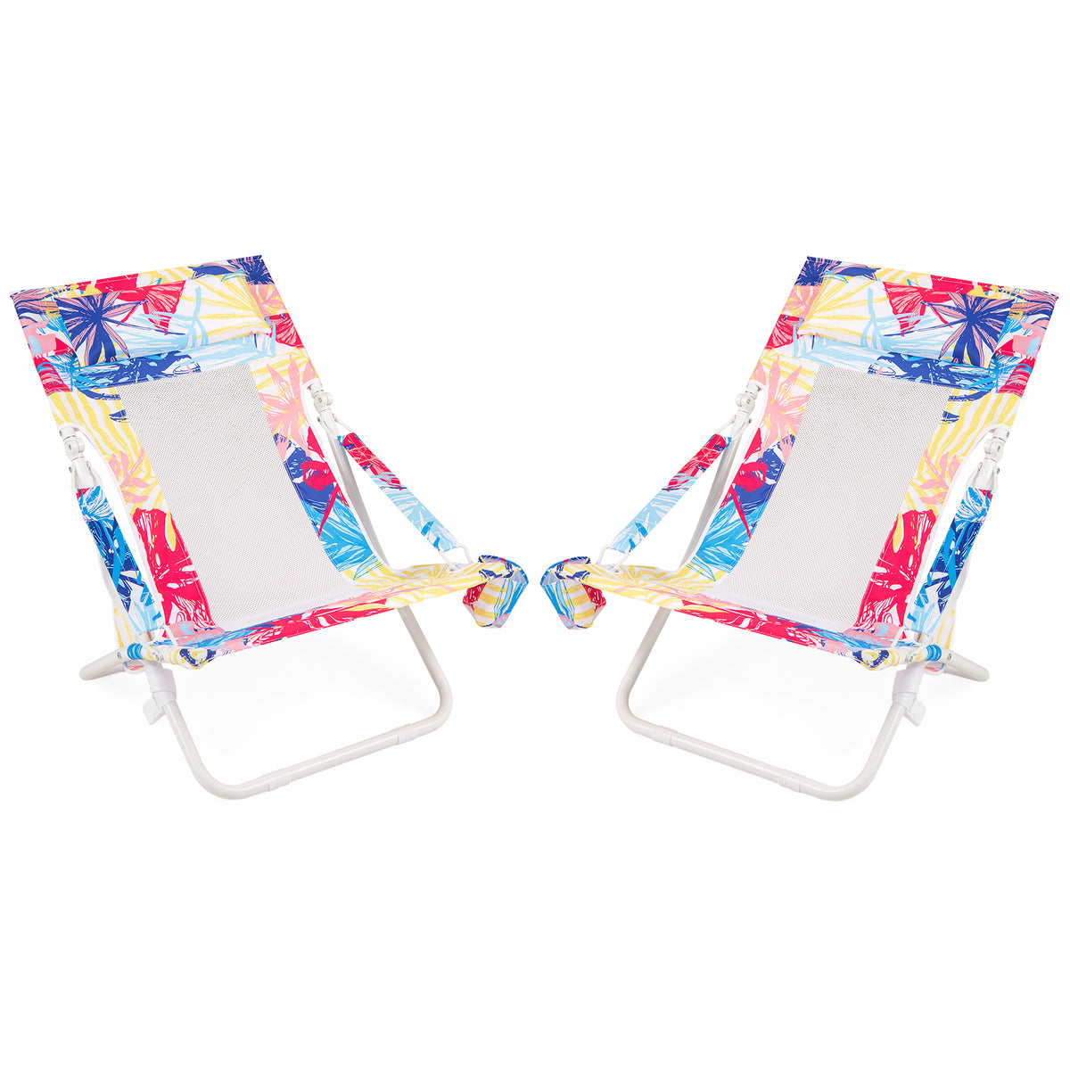 Folding Low Beach Chair, Set of 2, Patio Sling Chairs w/ Padded Head Pillow