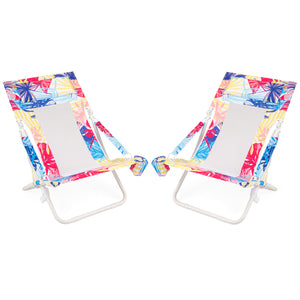 Folding Low Beach Chair, Set of 2, Patio Sling Chairs w/ Padded Head Pillow