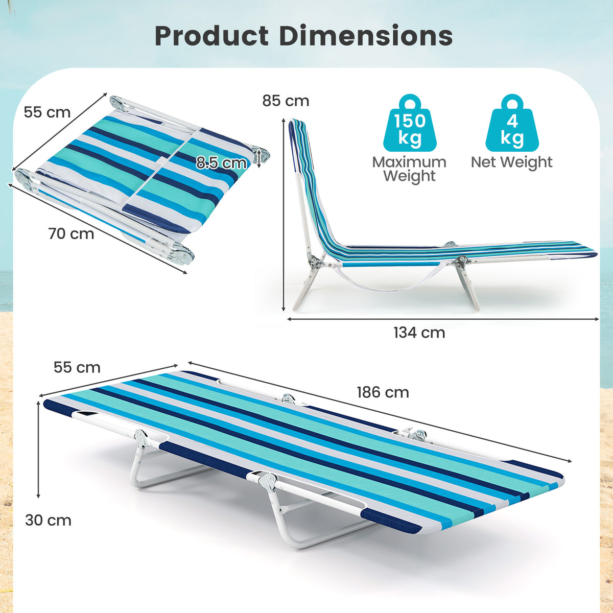 2 Pieces Outdoor Folding Chaise Lounge with Carry Strap & Metal Frame