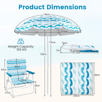 4 Pieces Beach Umbrella Set w/ 2 Foldable Chairs & Picnic Blanket