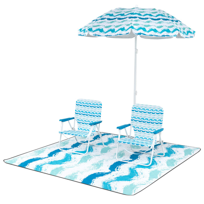 4 Pieces Beach Umbrella Set w/ 2 Foldable Chairs & Picnic Blanket