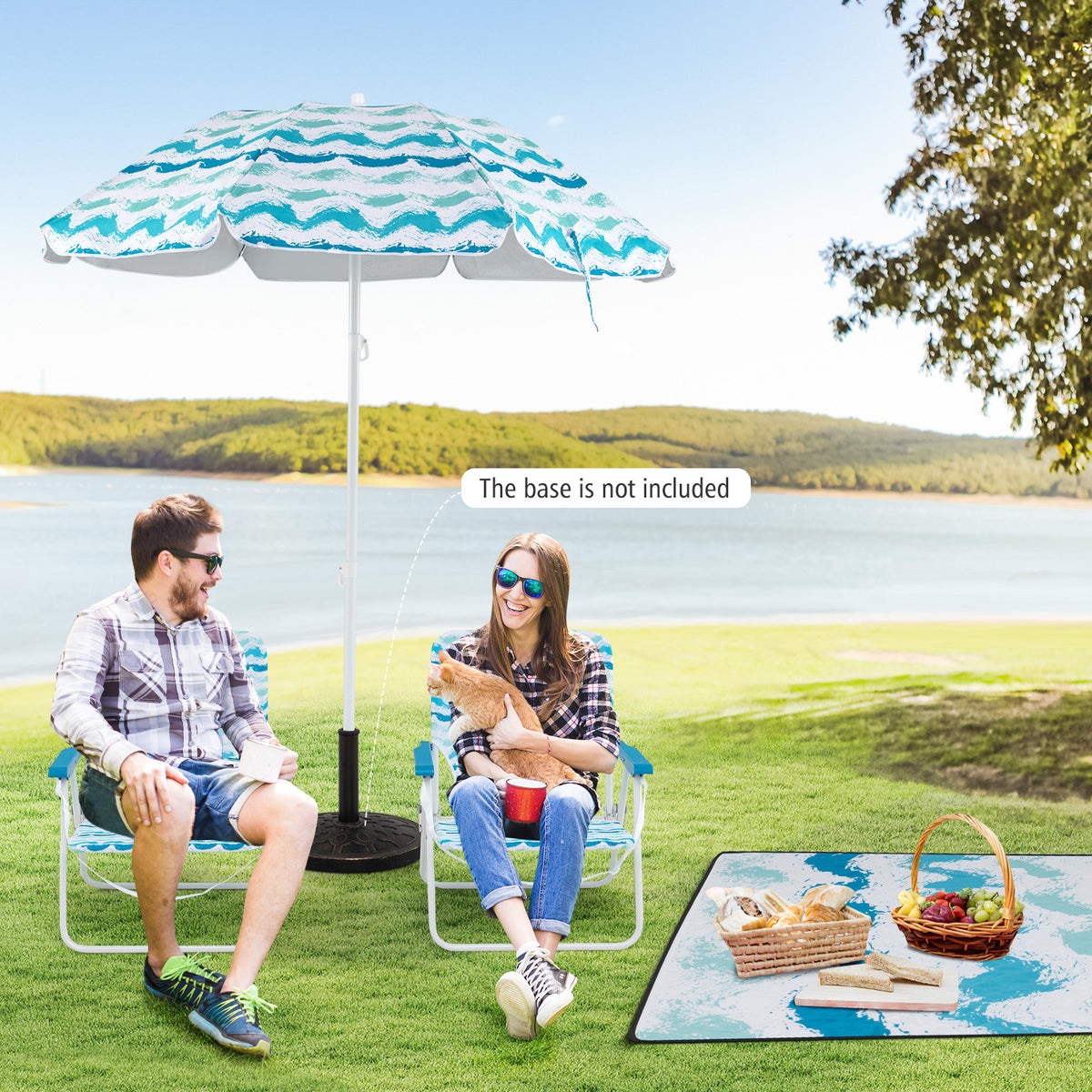 4 Pieces Beach Umbrella Set w/ 2 Foldable Chairs & Picnic Blanket