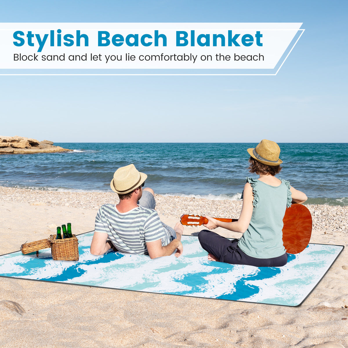 4 Pieces Beach Umbrella Set w/ 2 Foldable Chairs & Picnic Blanket