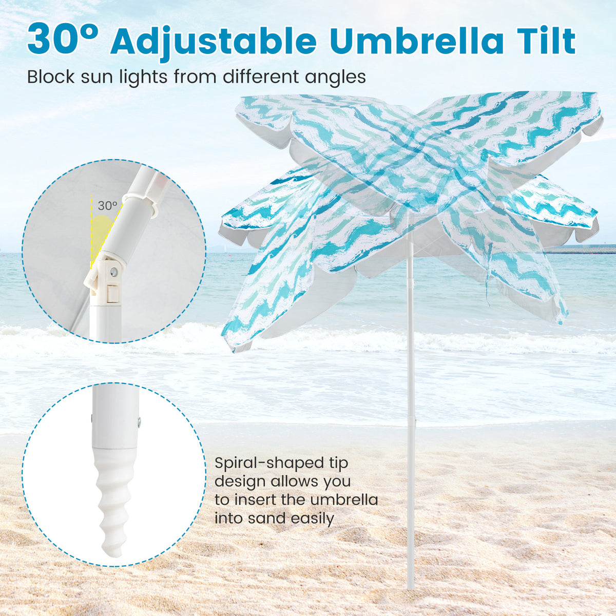 4 Pieces Beach Umbrella Set w/ 2 Foldable Chairs & Picnic Blanket
