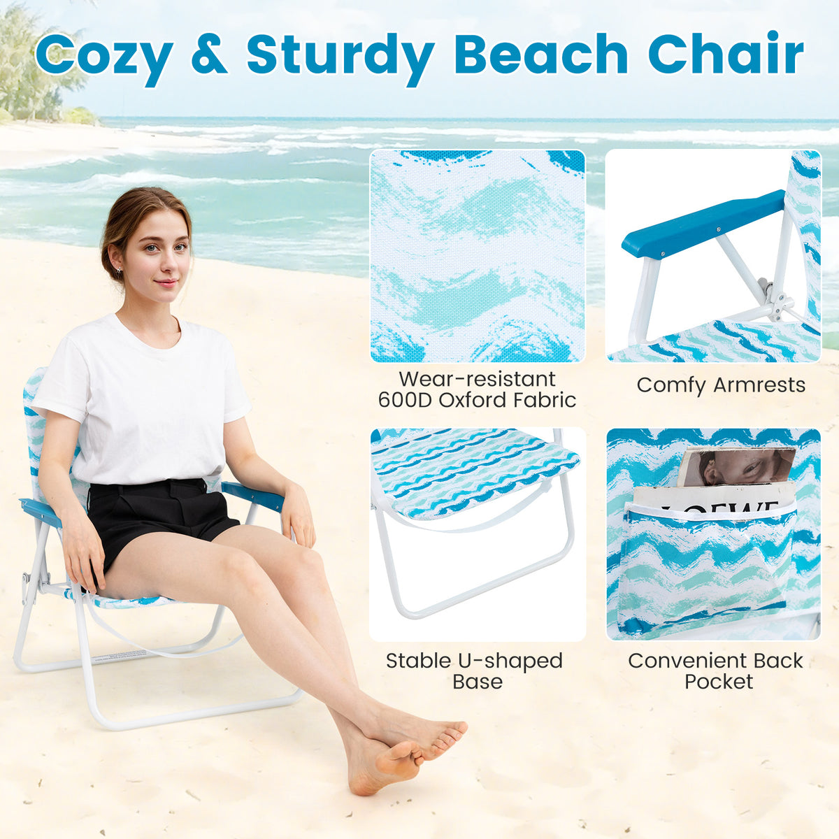 4 Pieces Beach Umbrella Set w/ 2 Foldable Chairs & Picnic Blanket