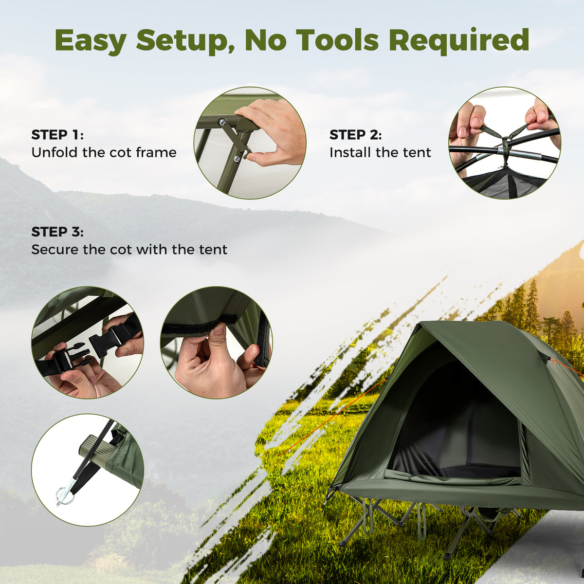 2-Person Camping Cot Tent, Foldable Off-Ground Camping Combo for Adults