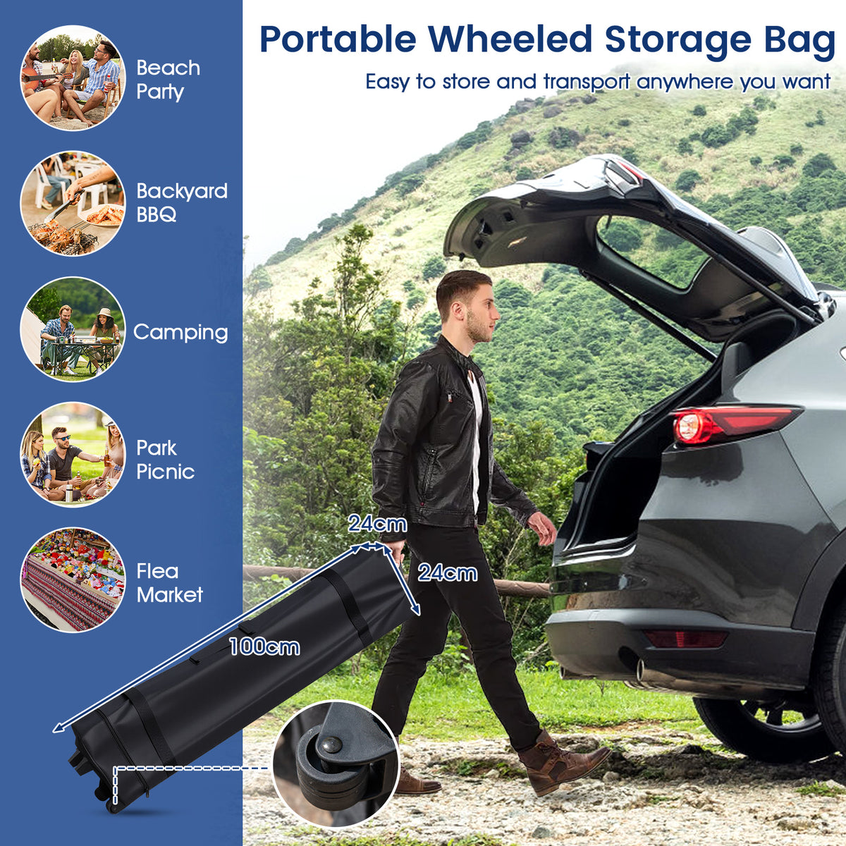 3 x 3 m Pop up Canopy Tent w/ Portable Wheeled Bag, 8 Stakes