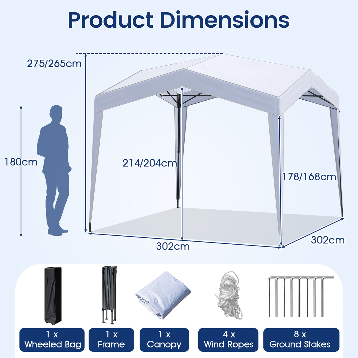 3 x 3 m Pop up Canopy Tent w/ Portable Wheeled Bag, 8 Stakes