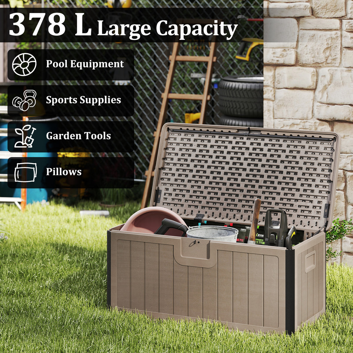 378 L Large Deck Box, 200kg Weight Capacity Indoor Outdoor Resin Storage Bench