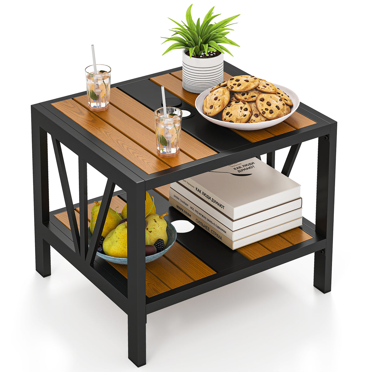 Outdoor Side Table with 4 cm Umbrella Hole, 2-Tier Patio Metal End Table