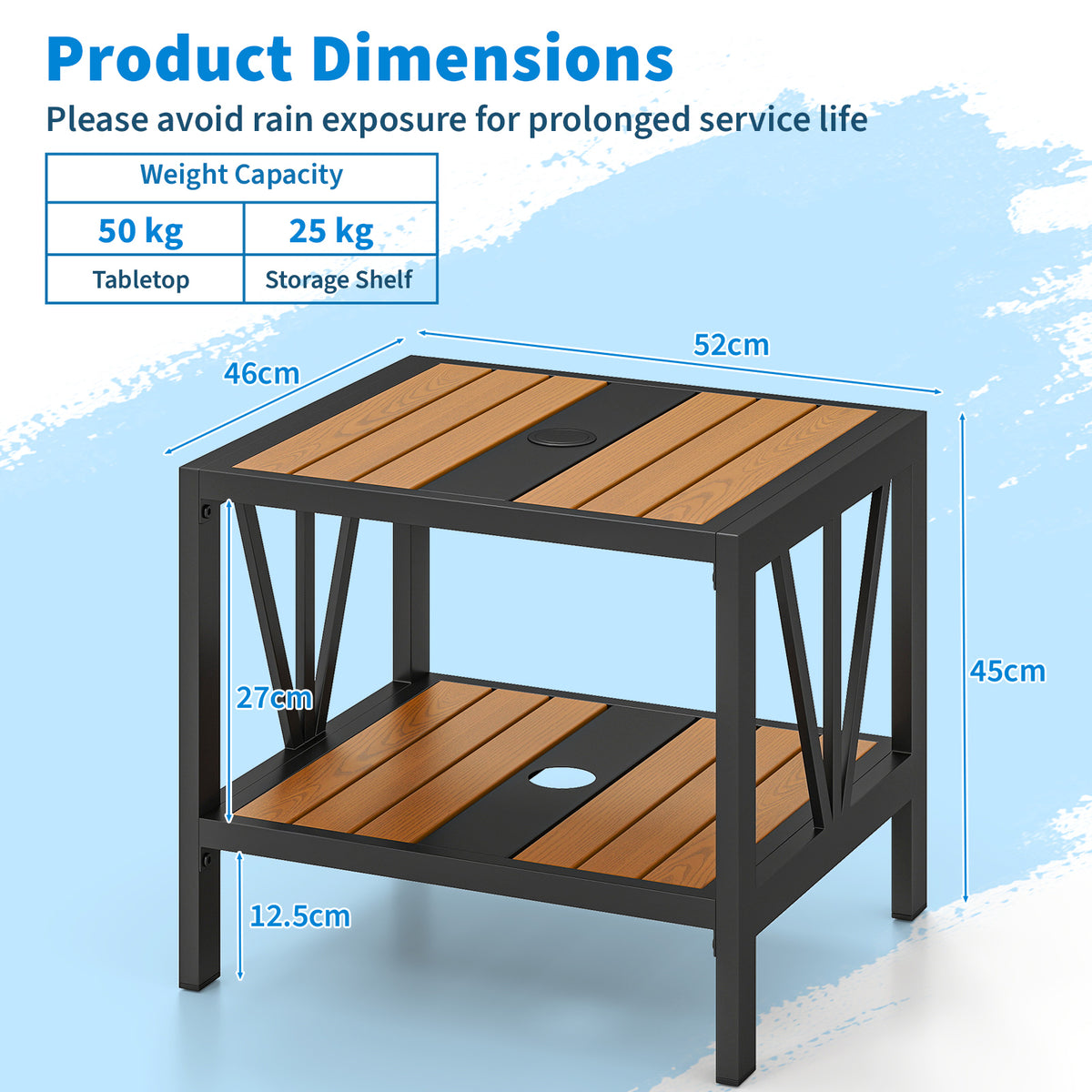 Outdoor Side Table with 4 cm Umbrella Hole, 2-Tier Patio Metal End Table