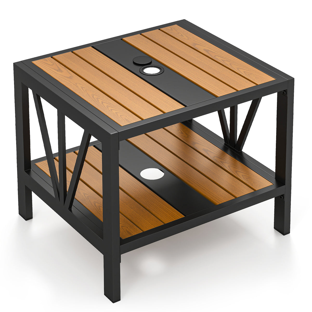 Outdoor Side Table with 4 cm Umbrella Hole, 2-Tier Patio Metal End Table