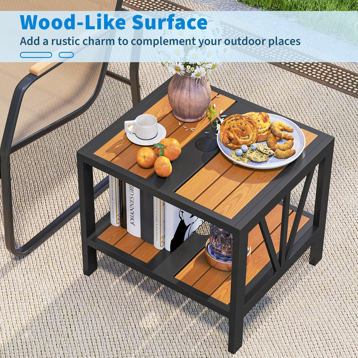 Outdoor Side Table with 4 cm Umbrella Hole, 2-Tier Patio Metal End Table