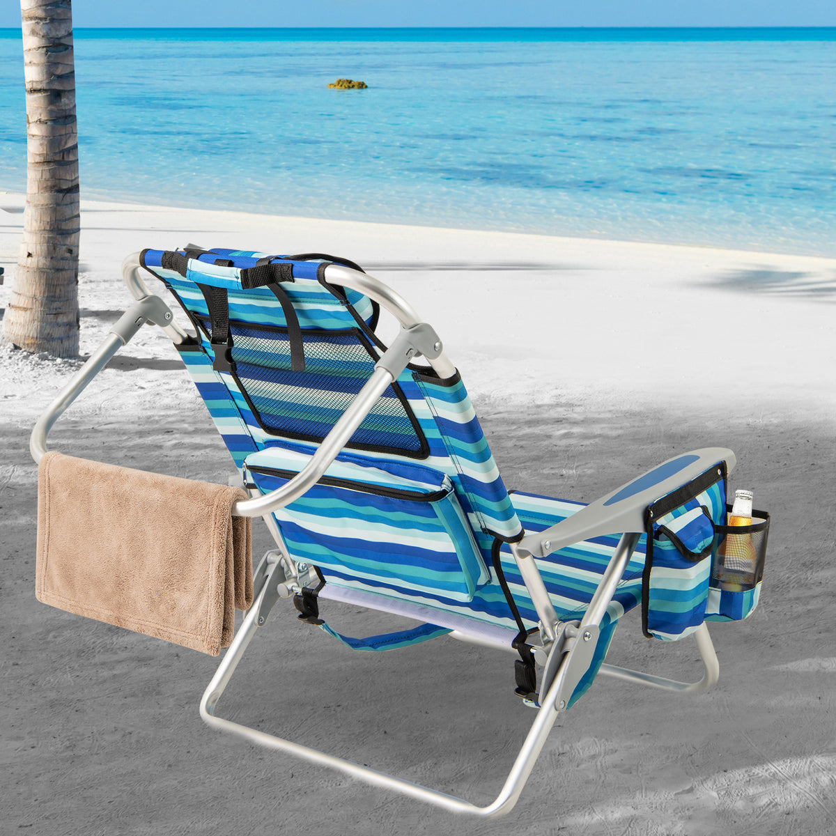 Folding Beach Chair for Adults, Portable Lightweight Aluminum Frame Low Sand Chair