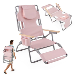 3-IN-1 Foldable Beach Chair, Lay-Flat Tanning Chair w/ Face Hole, Footrest, Adjustable Backrest