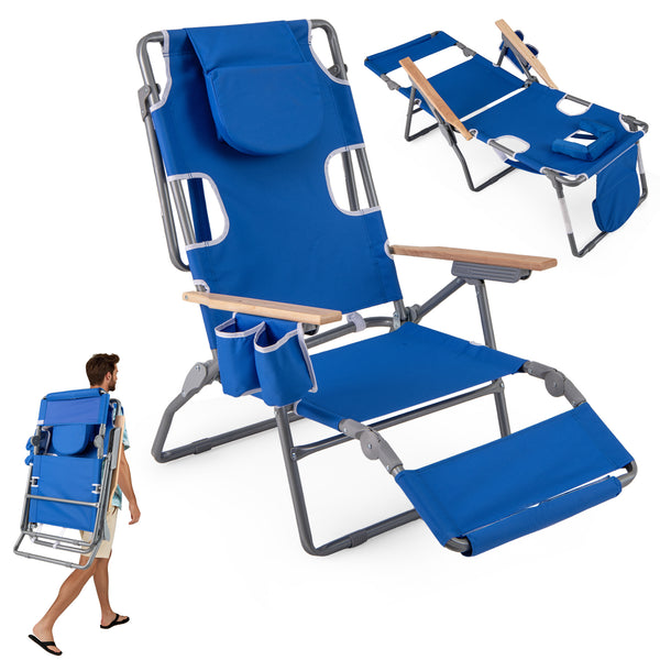 3-IN-1 Foldable Beach Chair, Lay-Flat Tanning Chair w/ Face Hole, Footrest, Adjustable Backrest