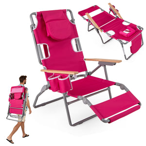 3-IN-1 Foldable Beach Chair, Lay-Flat Tanning Chair w/ Face Hole, Footrest, Adjustable Backrest