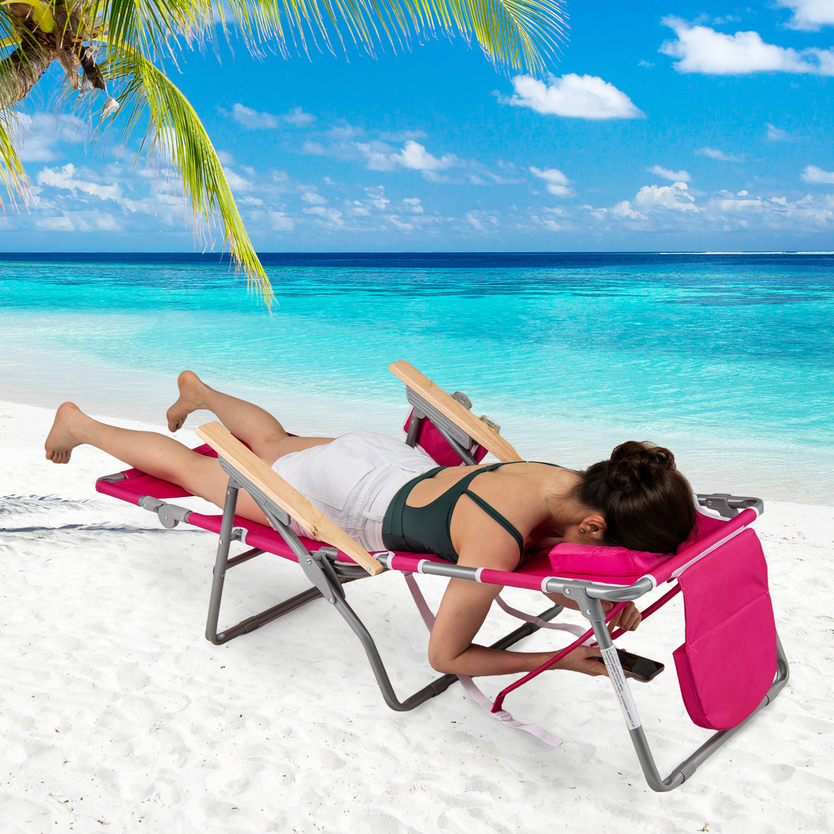3-IN-1 Foldable Beach Chair, Lay-Flat Tanning Chair w/ Face Hole, Footrest, Adjustable Backrest