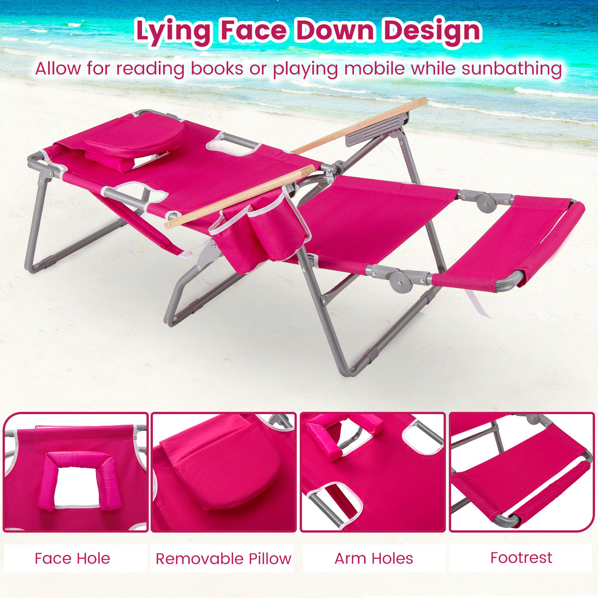 3-IN-1 Foldable Beach Chair, Lay-Flat Tanning Chair w/ Face Hole, Footrest, Adjustable Backrest