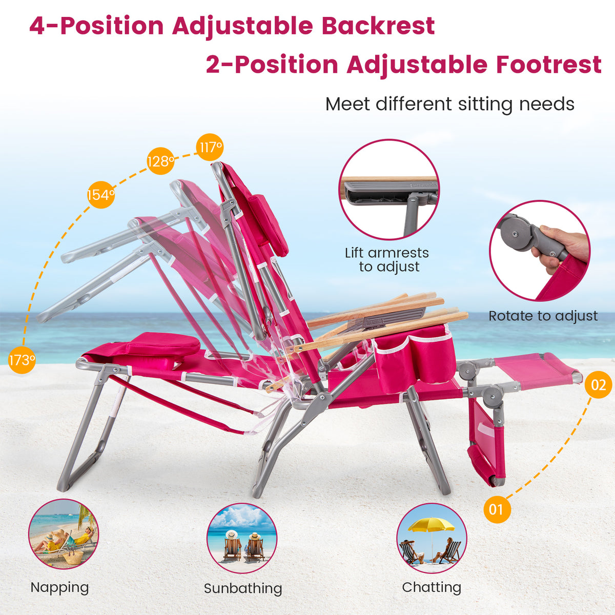 3-IN-1 Foldable Beach Chair, Lay-Flat Tanning Chair w/ Face Hole, Footrest, Adjustable Backrest