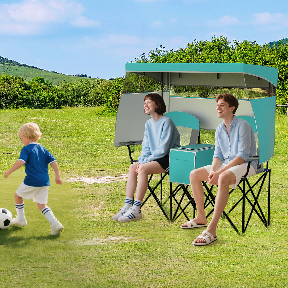 Double Beach Chair w/ Adjustable Canopy, 3 -Side Shading Curtains
