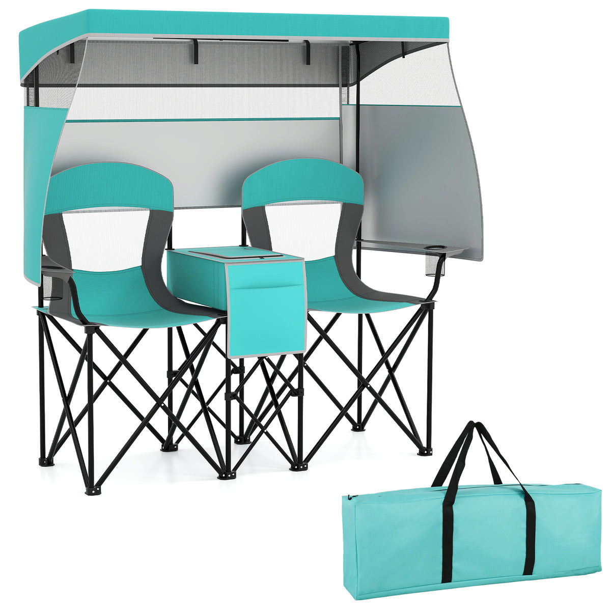 Double Beach Chair w/ Adjustable Canopy, 3 -Side Shading Curtains