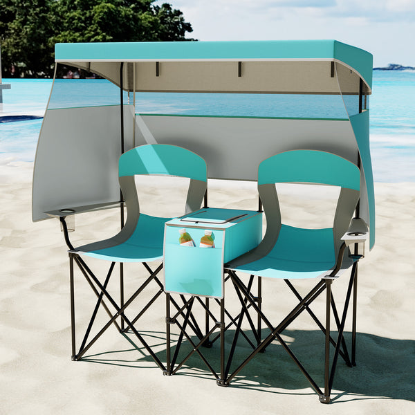 Double Beach Chair w/ Adjustable Canopy, 3 -Side Shading Curtains