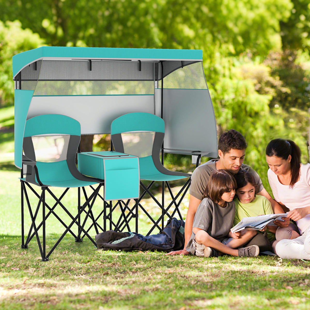 Double Beach Chair w/ Adjustable Canopy, 3 -Side Shading Curtains