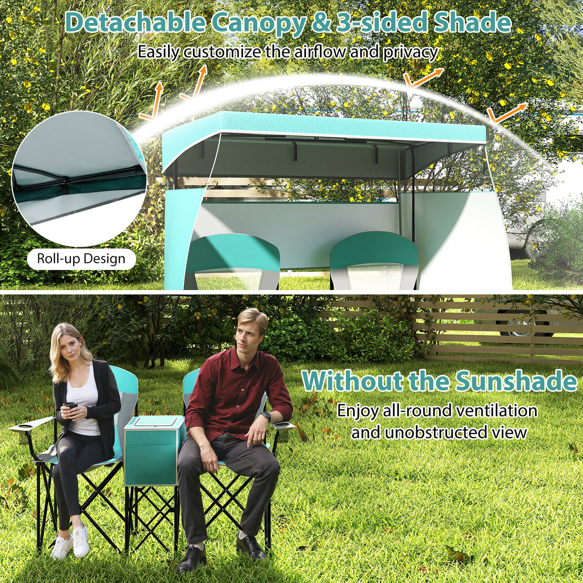 Double Beach Chair w/ Adjustable Canopy, 3 -Side Shading Curtains