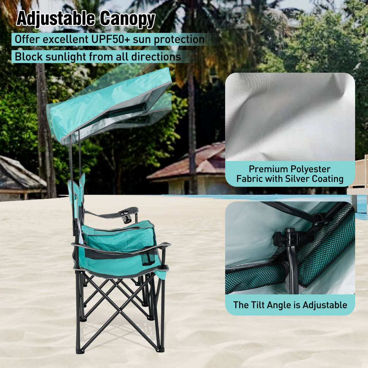 Double Beach Chair w/ Adjustable Canopy, 3 -Side Shading Curtains